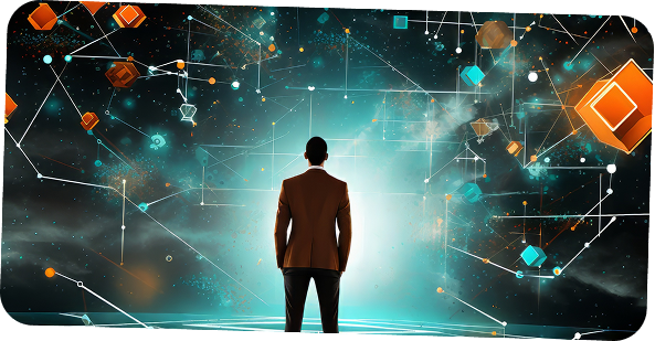 AI application development showing man analyzing connected data network and insights