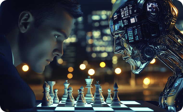 Business professional competing with AI robot, symbolizing AI application development solutions