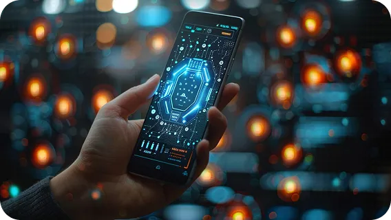 A smartphone displaying a glowing blue security matrix for an identity verification AI app