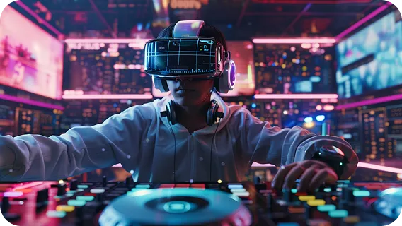 Esports tournament player wearing a virtual reality device inside a modern AI app
