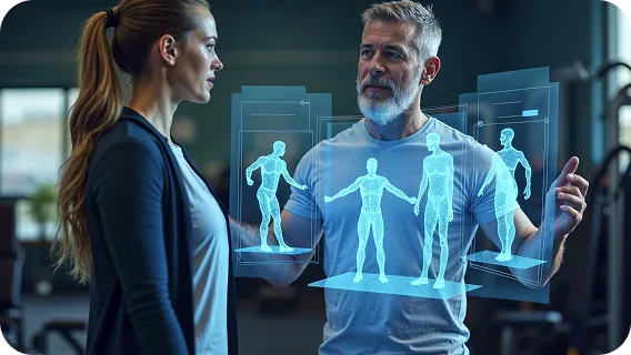 Interactive blue hologram showing body metrics for a customized fitness AI app