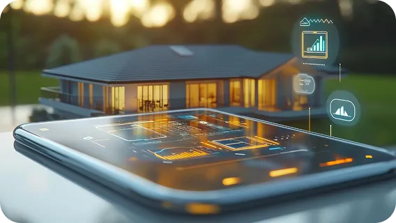 A modern house layout with floating analytics graphs next to a real estate AI app