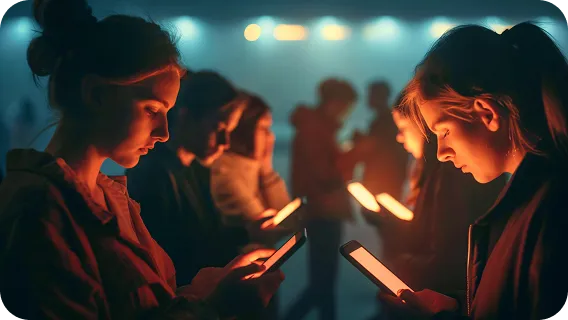 A crowd of attendees using smartphones at a venue managed by an automated AI app