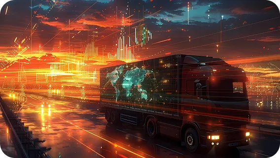 A cargo truck driving through a futuristic glowing city for a logistics AI app