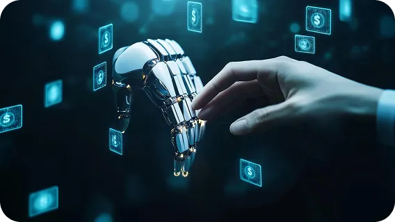 Robotic and human hand approaching floating dollar icons within a fintech AI app