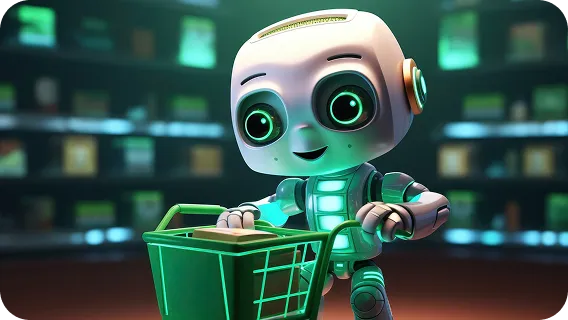 A cute little robot pushing a green shopping cart for an ecommerce AI app