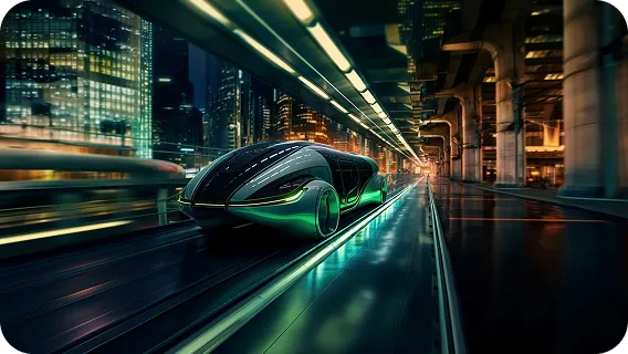 A futuristic electric vehicle driving at night representing an automotive AI app