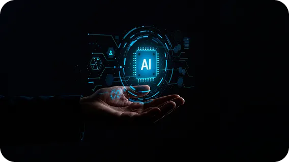 An open hand holding a glowing blue microchip processor graphic for a media AI app