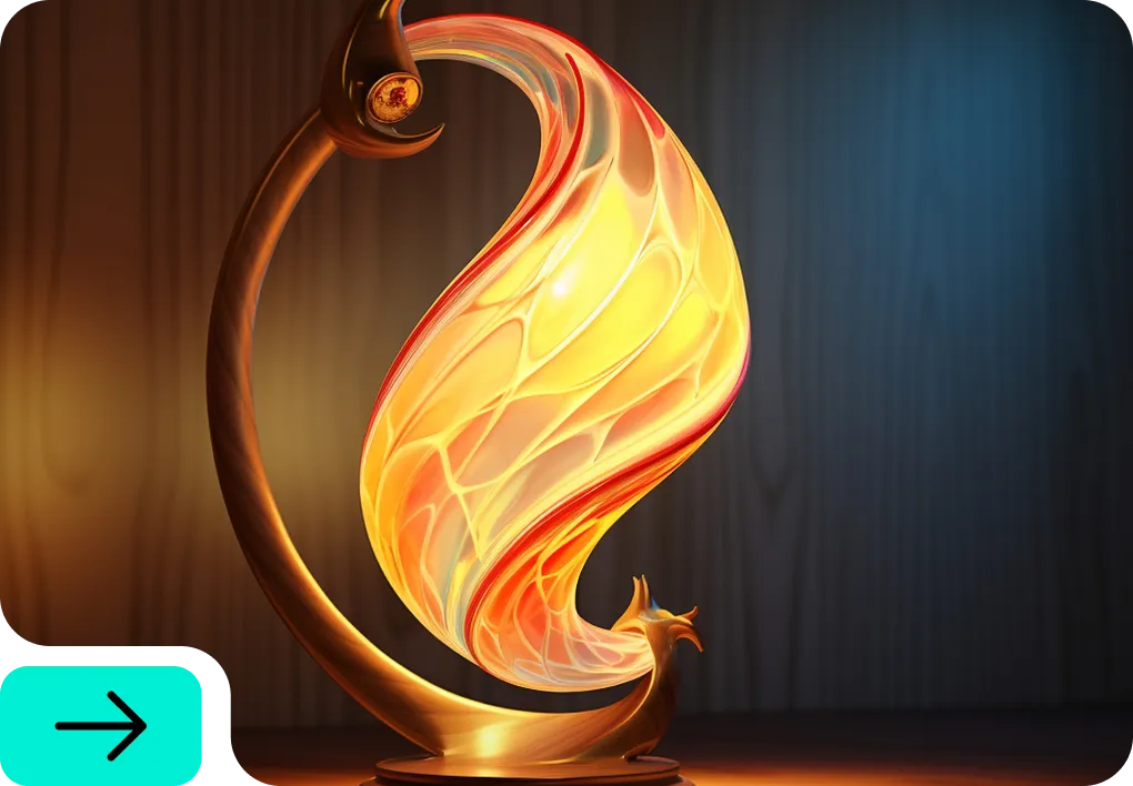 Decorative lamp with a golden, curved base and a glowing, flame-shaped glass shade in warm yellow and orange tones.
