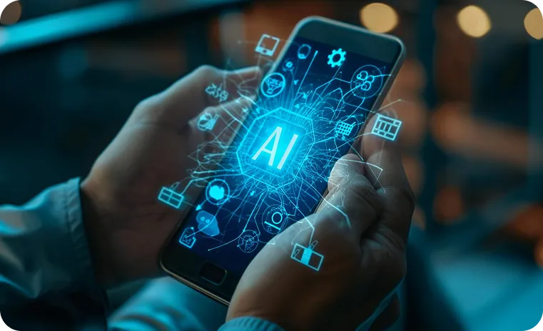 AI app development services visualized on smartphone with connected AI icons