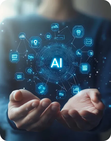 Hands holding glowing AI core with connected digital icons representing AI technology