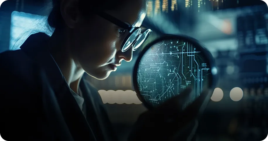 Person examining generative AI system data through a magnifying glass