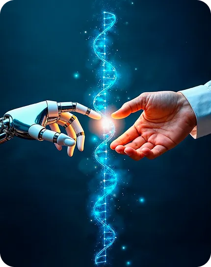 Human and AI hands reaching toward each other, symbolizing collaboration through generative AI technology