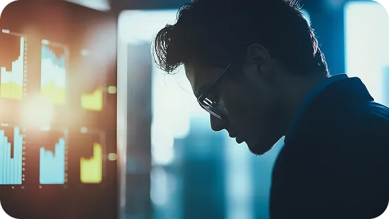 Financial analyst reviewing data dashboards showing generative AI solutions for risk analysis