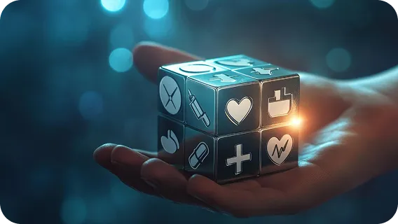 Hand holding glowing cube with healthcare icons showing generative AI applications in healthcare