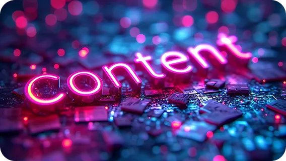 AI content generation concept showing digital content creation on futuristic circuit background