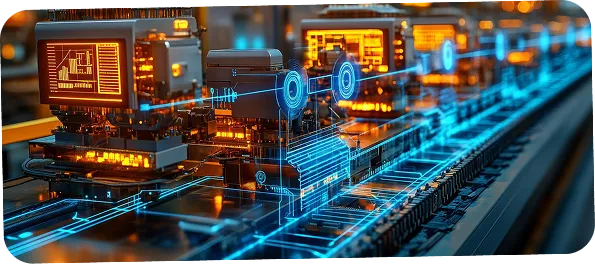 IoT machine learning system monitoring smart factory production line with data screens