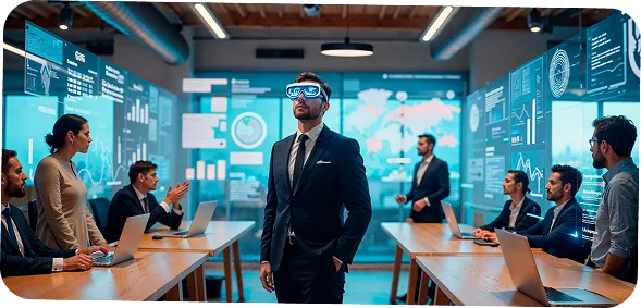 AI and ML services team analyzing dashboards in smart office meeting room