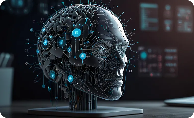 AI robot head with neural network for machine learning concept
