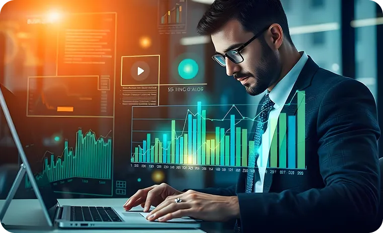 Machine learning engineer analyzing data dashboard on laptop in office