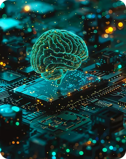 Artificial intelligence brain on microchip showing machine learning system