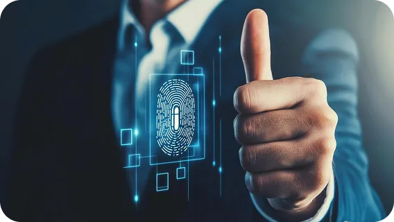 Man giving thumbs up with digital AI and machine learning screen