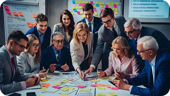 Machine learning consulting team planning AI strategy in office meeting