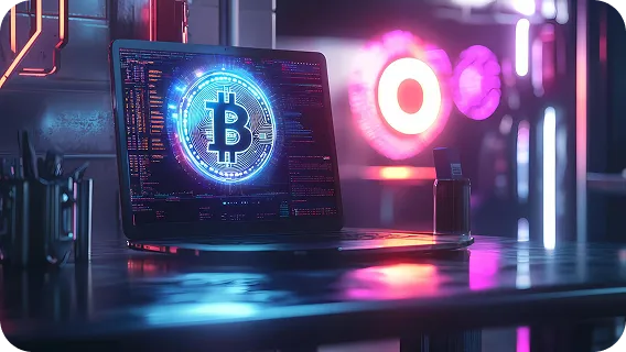 Custom machine learning solutions analyzing Bitcoin data on futuristic laptop