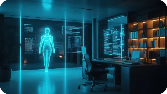 Healthcare dashboard showing holographic patient data for legacy application modernization