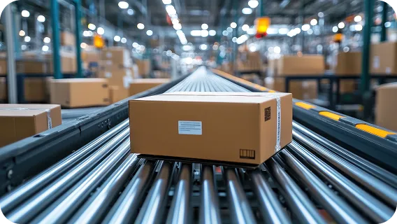 Logistics conveyor with boxes showing platform modernization in supply chain operations