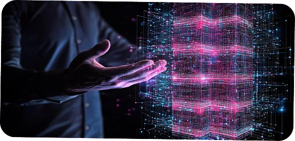 Stable data flows graphic with hand and glowing digital data cube visualization