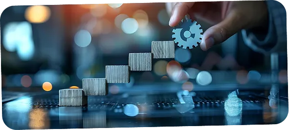 Professional placing gear block on stack beside laptop, showing ai integration in business