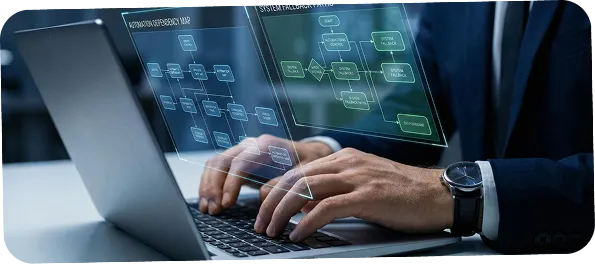 System compatibility screen showing person using laptop with AI integration overlay