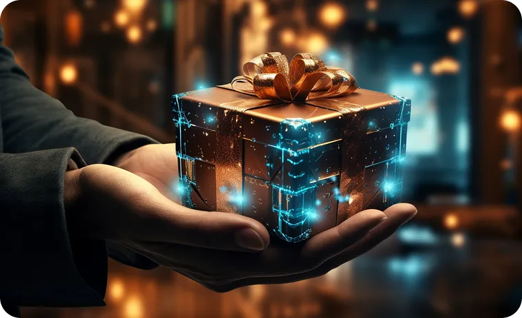 Hands holding a glowing gift box wrapped with a golden ribbon, symbolizing turning ideas into valuable tech products