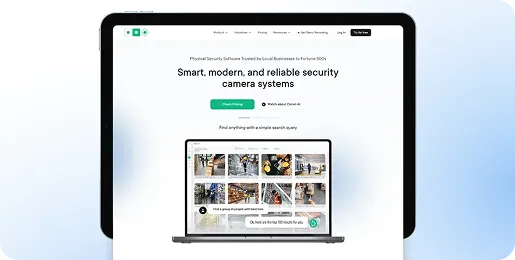 AI cloud surveillance dashboard displayed on a laptop with live camera monitoring