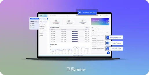AI inventory management software dashboard on laptop with tracking and analytics interface