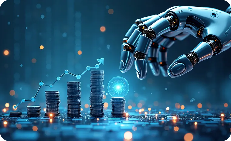 Robotic hand over coins showing ai integration in business growth