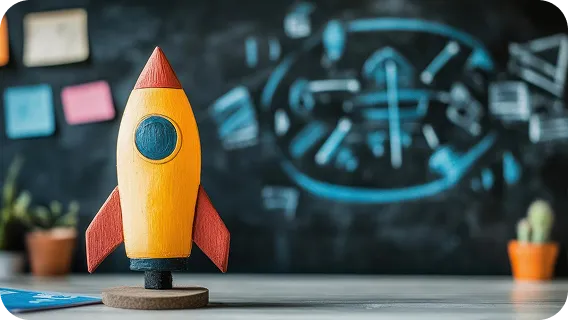 Wooden rocket model on desk with chalkboard, representing advanced ai integration in organizations.