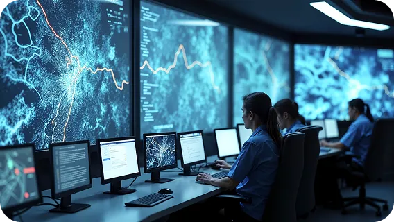 Engineers working on ai model deployment in operations center