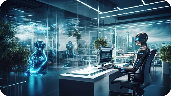 Futuristic office with ai and machine learning integration