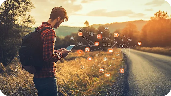 Man using phone on road with ai integration in business