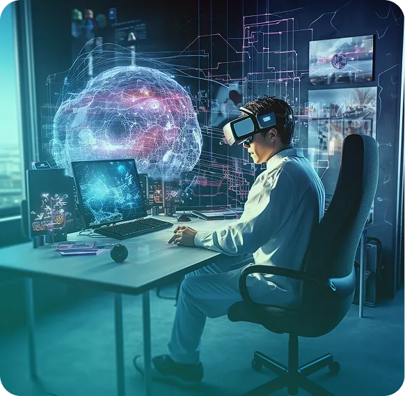 computer vision engineer using VR headset to analyze digital brain data system