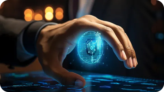 Hand protecting digital finance icon with ai computer vision system security concept