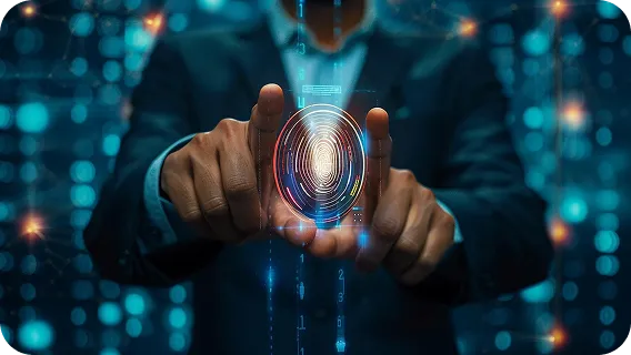 Business professional interacting with biometric scan powered by computer vision and ai.