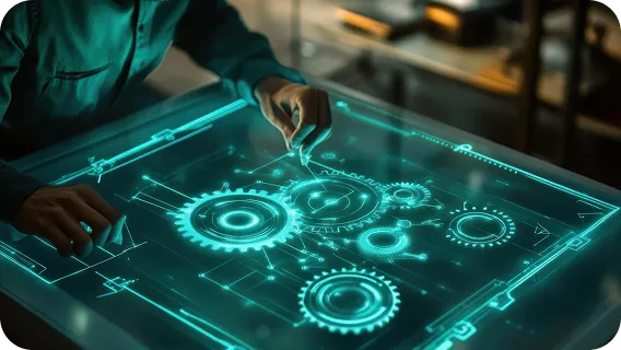 Startup innovator exploring computer vision solutions on futuristic touch interface