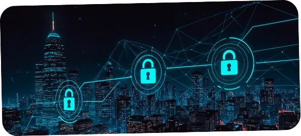 City skyline with digital lock icons representing network security protection