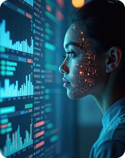 Woman analyzing digital charts on screen using AI-powered data analytics tools