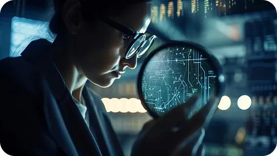 Fintech analyst examining digital data with ai-powered data analytics tools