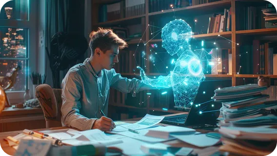 Student using hologram interface for data analytics and artificial intelligence study