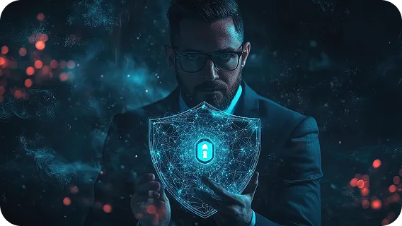 Cybersecurity expert holding digital shield with ai-powered data analytics protection
